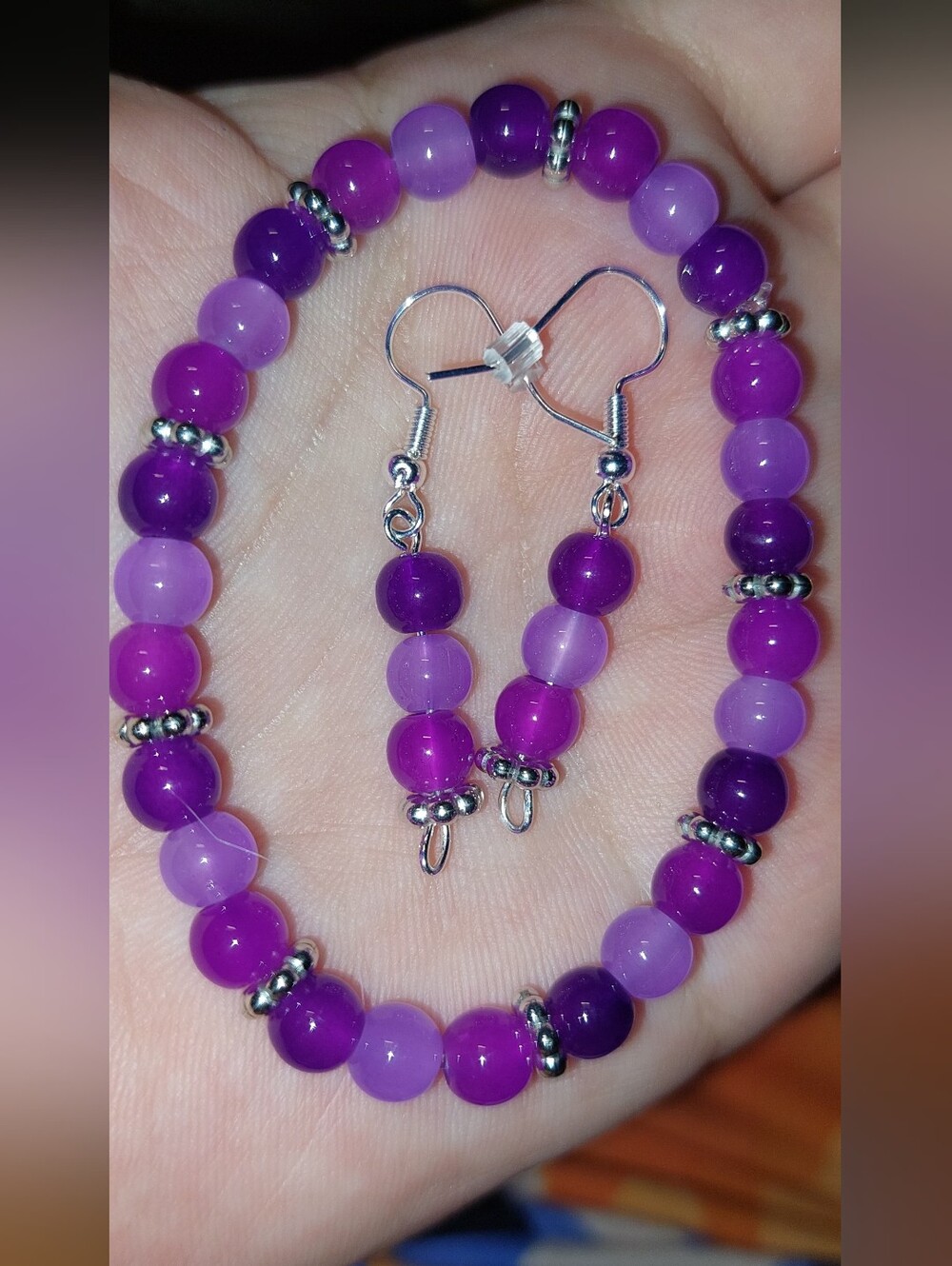 Handmade Purple Glass Beaded Bracelet and Earrings Set - Women's Jewelry